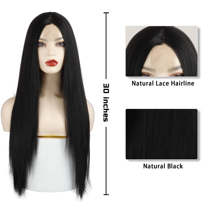 Xinran Long Straight Black Wigs for Women, Synthetic Black Straight Wig, Looking Natural Black Long Hair Wigs 30 inch(Black) - Image 2